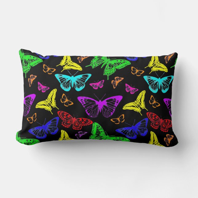 Black & Rainbow Colored Butterflies Flying Lumbar Pillow (Front)