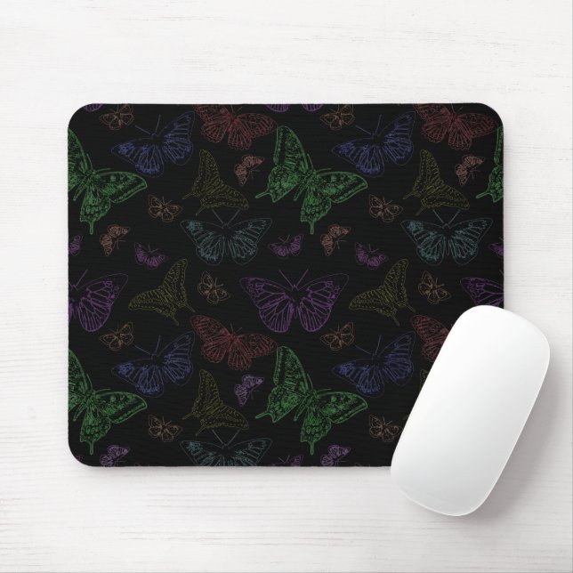 Black & Rainbow Colored Butterflies Flying Mouse Pad (With Mouse)