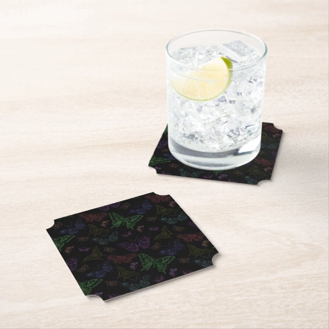 Black & Rainbow Colored Butterflies Flying Paper Coaster (Insitu)