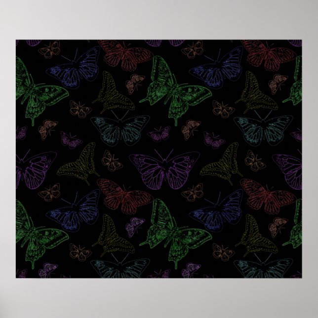 Black & Rainbow Colored Butterflies Flying Poster (Front)