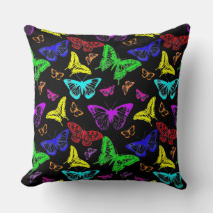 Black & Rainbow Colored Butterflies Flying Throw Pillow