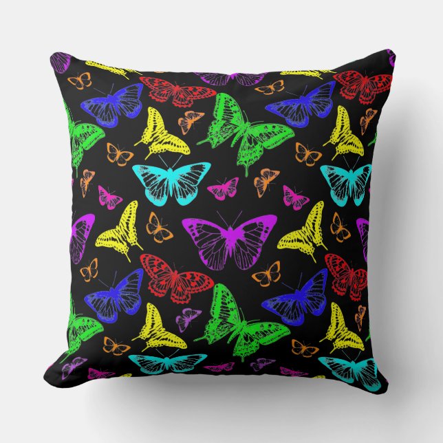 Black & Rainbow Colored Butterflies Flying Throw Pillow (Front)
