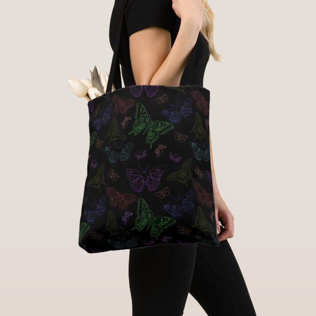 Black & Rainbow Colored Butterflies Flying Tote Bag (Close Up)