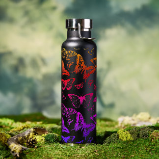 Black & Rainbow Colored Butterflies Flying Water Bottle