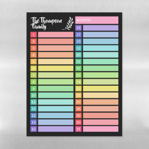 Black Rainbow Days of the Month Family Planner Magnetic Dry Erase Sheet
