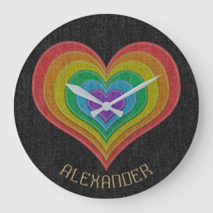 Black Rainbow Denim Jeans 6 Hearts Name Customized Large Clock