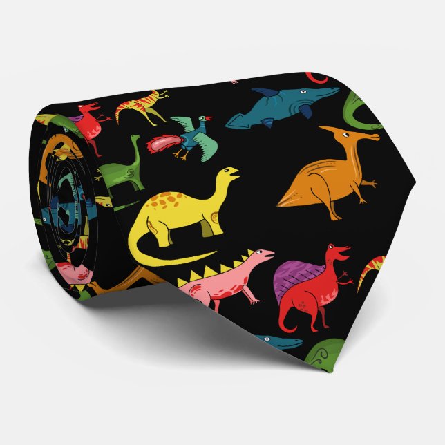 Black Rainbow Dinosaurs Neck Tie (Rolled)