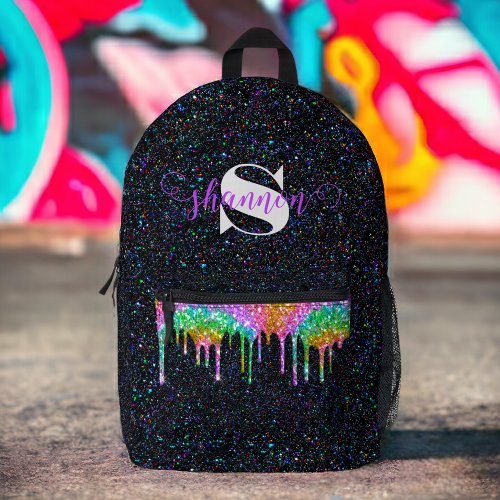 Black Rainbow Glitter Drip Custom Name Backpack