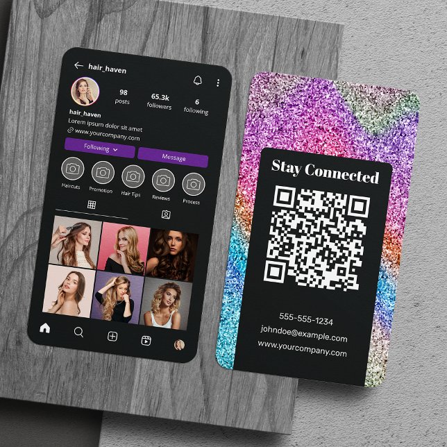 Black & Rainbow Glitter Instagram Hairdresser Business Card (Creator Uploaded)