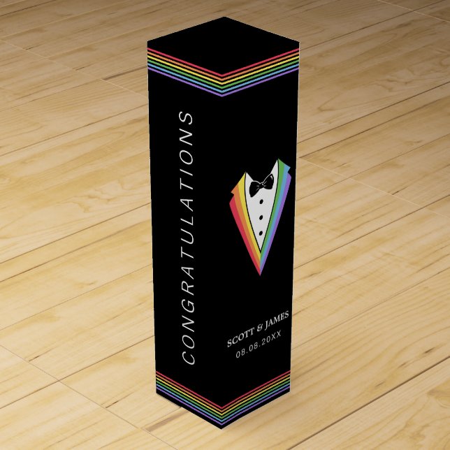 Black Rainbow Groomsmen Gay Pride Wedding Wine Box (Front)