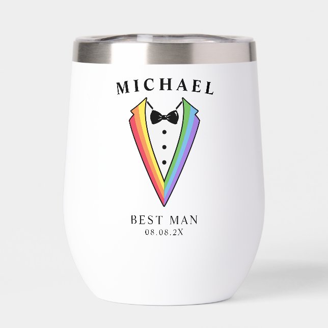 Black Rainbow Personalized Best Man Gay Pride Thermal Wine Tumbler (Back)