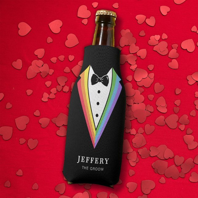 Black Rainbow Personalized Groomsmen Gay Pride Bottle Cooler (Creator Uploaded)