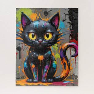Black Rainbow Splatter Cat Jigsaw Puzzle