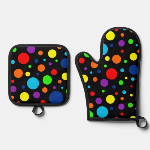 Black Rainbow Spots Oven Mitt  Pot Holder Set