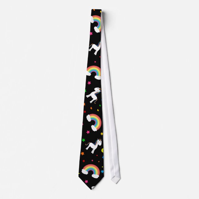 Black rainbow unicorn hearts stars pattern neck tie (Front)