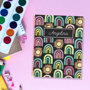 Black Rainbows & Suns Pattern Kids Back to School Notebook