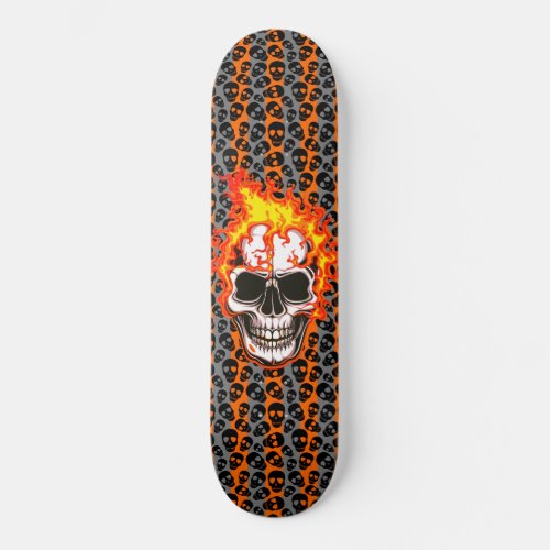 Black Random Skulls Orange Stripes Flaming Skull Skateboard