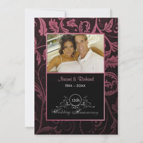 Black  Raspberry Damask 12th Wedding Anniversary Invitation