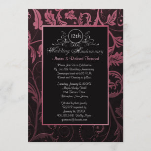 Black & Raspberry Damask 12th Wedding Anniversary Invitation