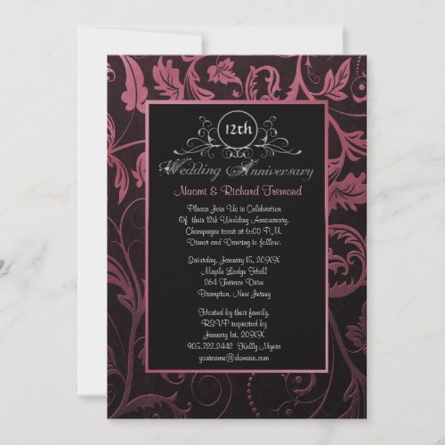 Black  Raspberry Damask 12th Wedding Anniversary Invitation