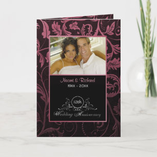 Black & Raspberry Damask 12th Wedding Anniversary Invitation
