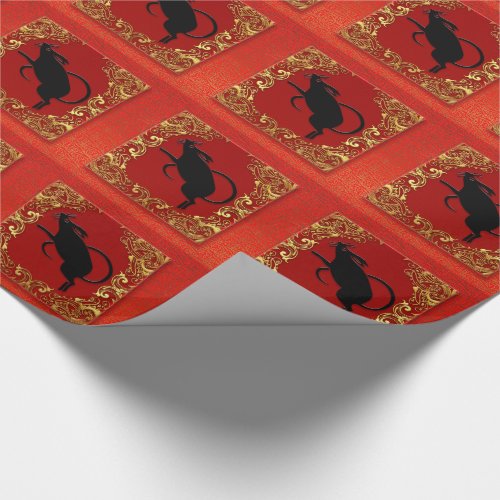 Black Rat Chinese Zodiac Animal Red and Gold Wrapping Paper