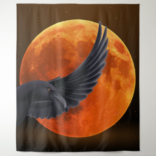 Black Raven and Blood Red Moon Tapestry