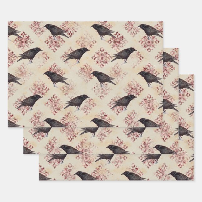 Black Raven and Burgundy Damask Wrapping Paper Sheets (Set)