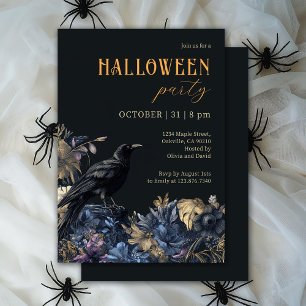 Black Raven and Dark Floral Halloween Party Invitation