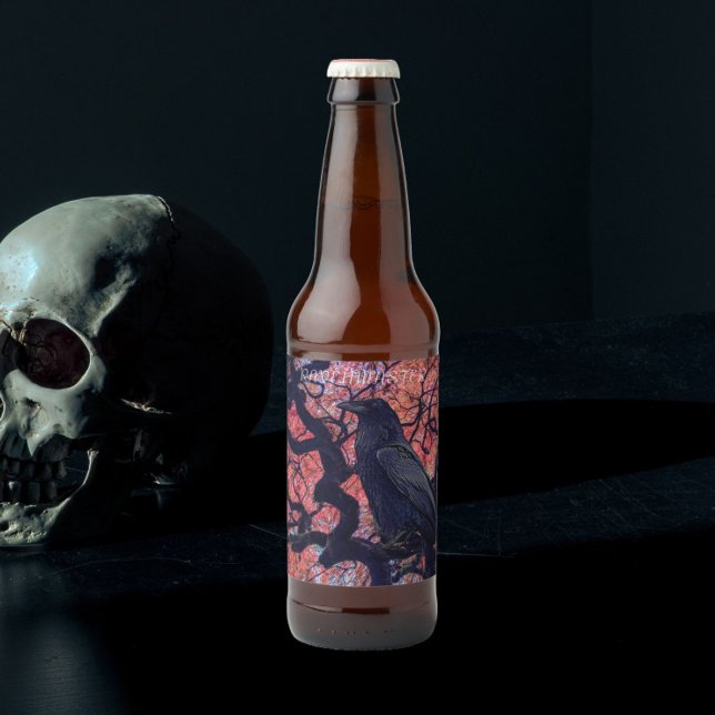 Black Raven and Gnarly Japanese Maple Beer Bottle Label (In Situ)