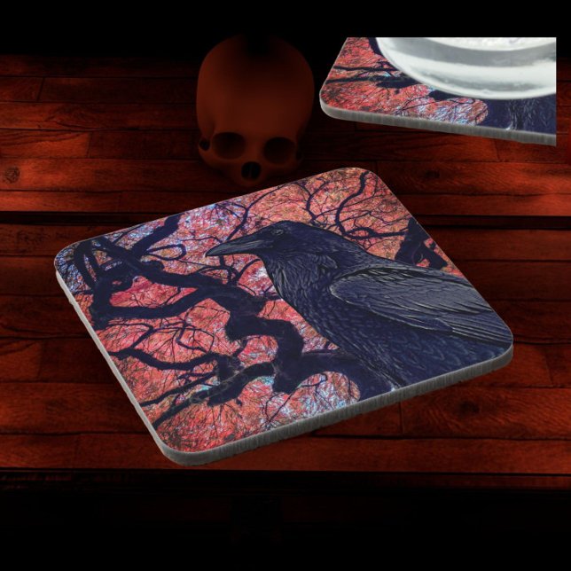 Black Raven and Gnarly Japanese Maple Beverage Coaster (In situ)