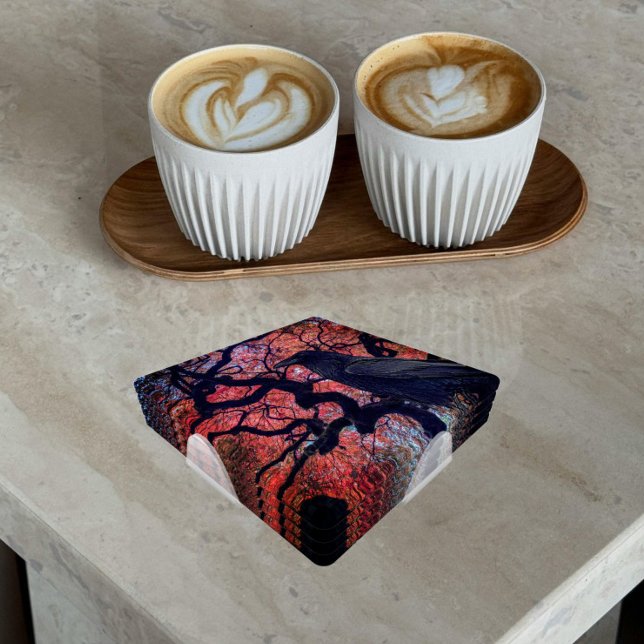 Black Raven and Gnarly Japanese Maple Coaster Set (In Situ)