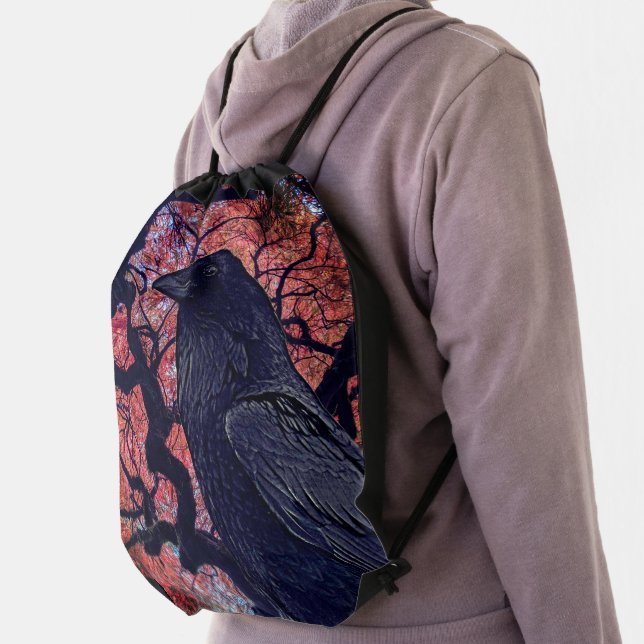 Black Raven and Gnarly Japanese Maple Drawstring Bag (Insitu)