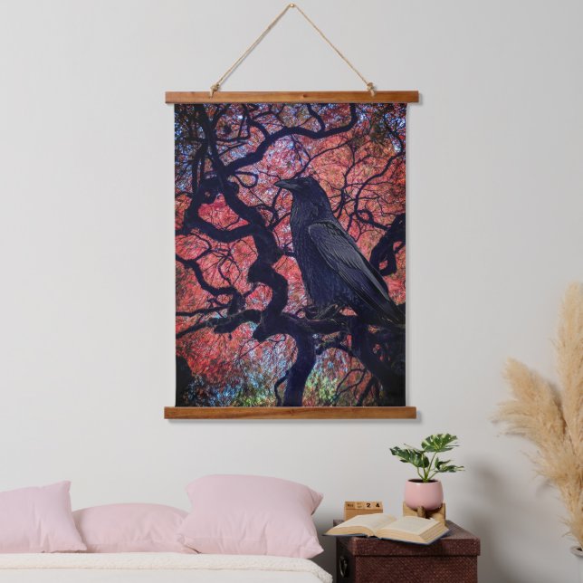 Black Raven and Gnarly Japanese Maple Hanging Tapestry (Bedroom)