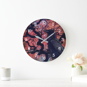 Black Raven and Gnarly Japanese Maple Large Clock