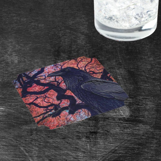Black Raven and Gnarly Japanese Maple Paper Coaster (In Situ)