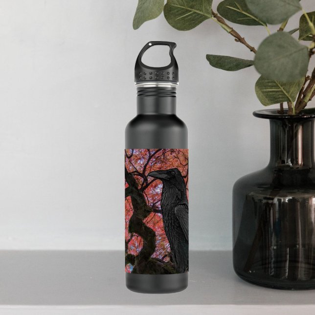Black Raven and Gnarly Japanese Maple Stainless Steel Water Bottle (In Situ)