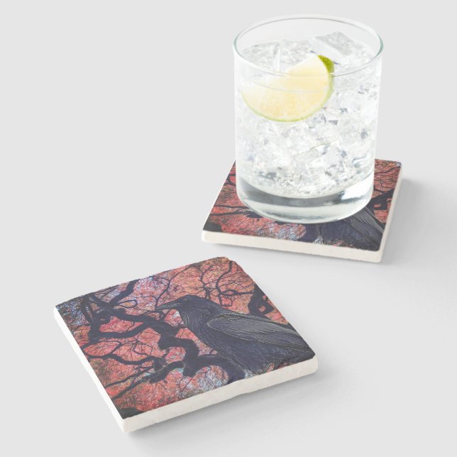 Black Raven and Gnarly Japanese Maple Stone Coaster (Side)