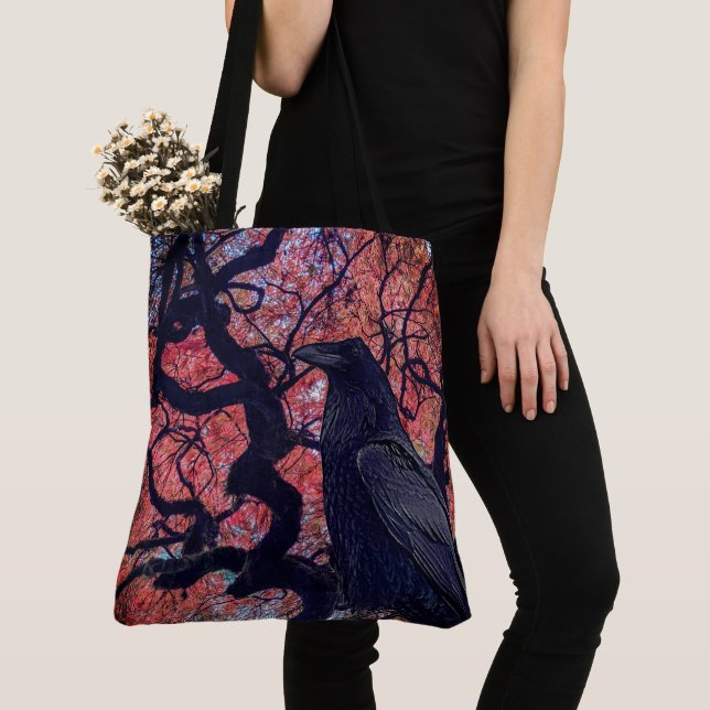 Black Raven and Gnarly Japanese Maple Tote Bag (Close Up)