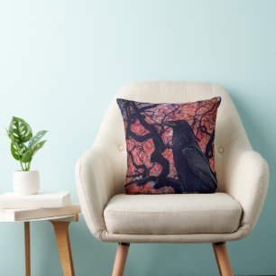 Black Raven and Gnarly Japanese Maple Tree Throw Pillow