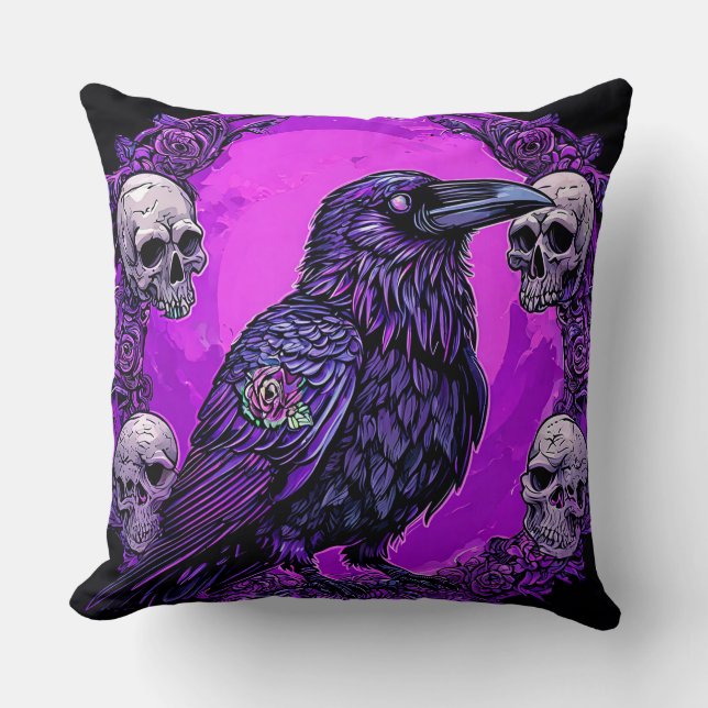 Black Raven and Skulls Throw Pillow (Front)