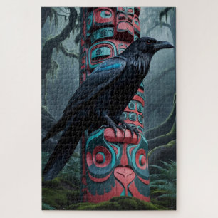 Black Raven and Totem Pole Wildlife Art Jigsaw Puzzle