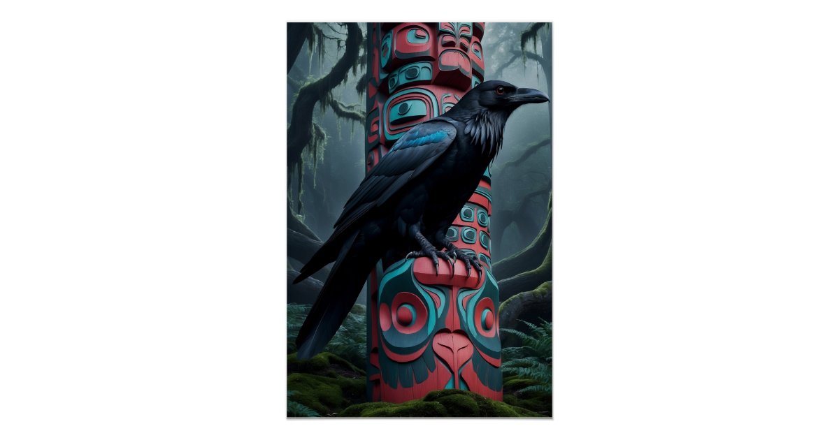 Black Raven and Totem Pole Wildlife Art Poster | Zazzle