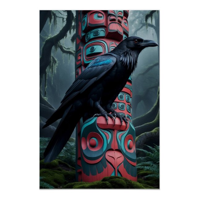 Black Raven and Totem Pole Wildlife Art Poster (Front)