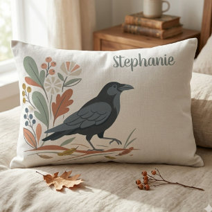 Black Raven Bird Botanical Autumn Accent Pillow