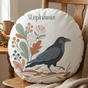 Black Raven Bird Botanical Autumn Round Pillow
