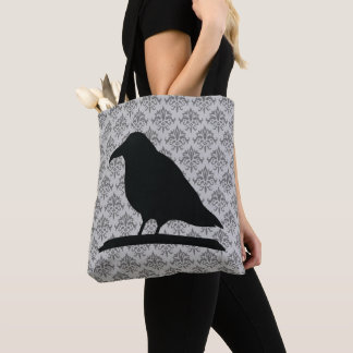 Black Raven Bird Shape With Damask Background Tote Bag