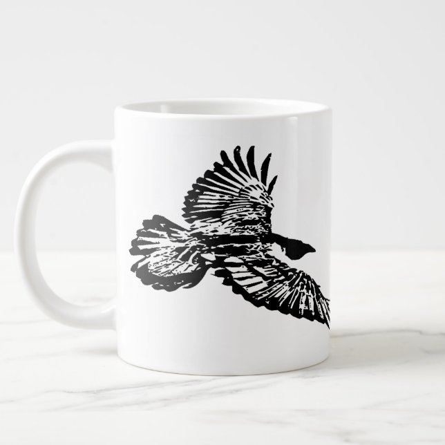 Black Raven Bird Soaring in Flight swooping Art Giant Coffee Mug (Left)