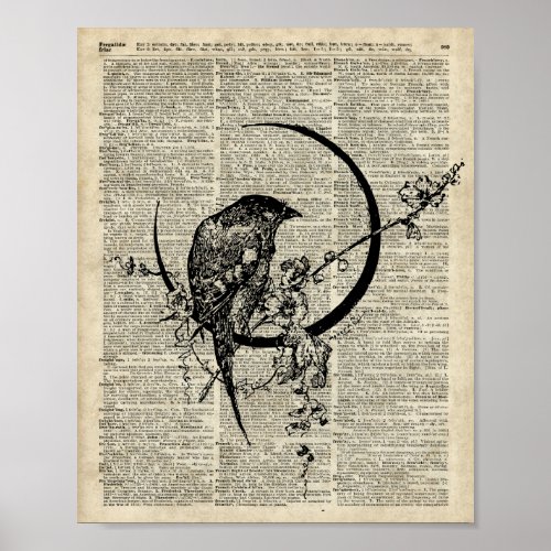 Black Raven Bird stencil over old dictionary page Poster