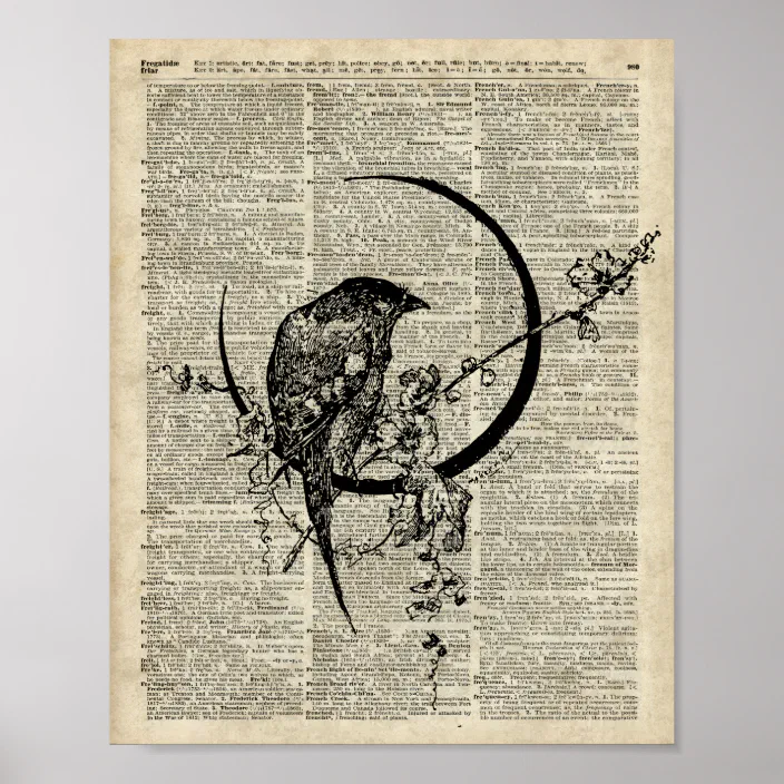 Crow Art Print on Vintage Book Page Black Bird Home Office Hanging Decor Gifts 